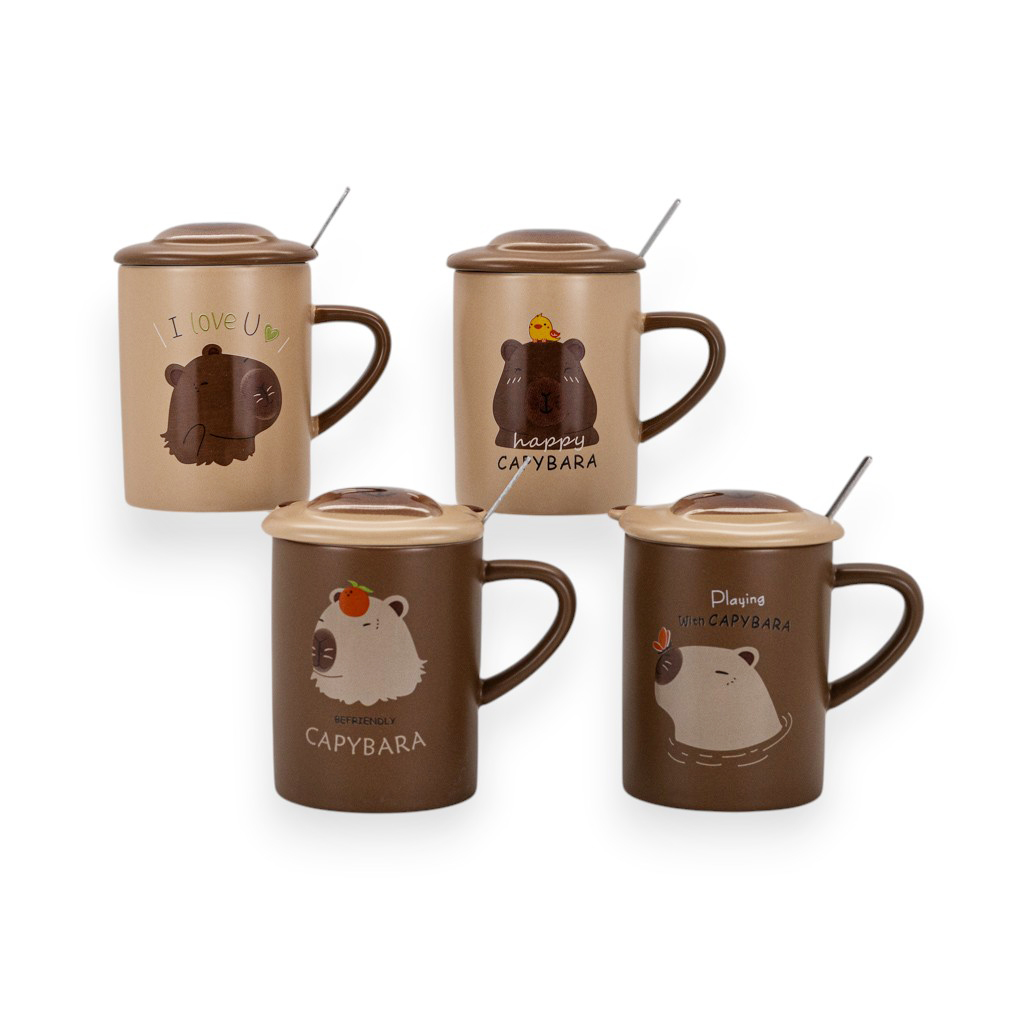 Кружка с крышкой и ложкой Капибара 4 вида 400мл | Интернет-магазин Кактус