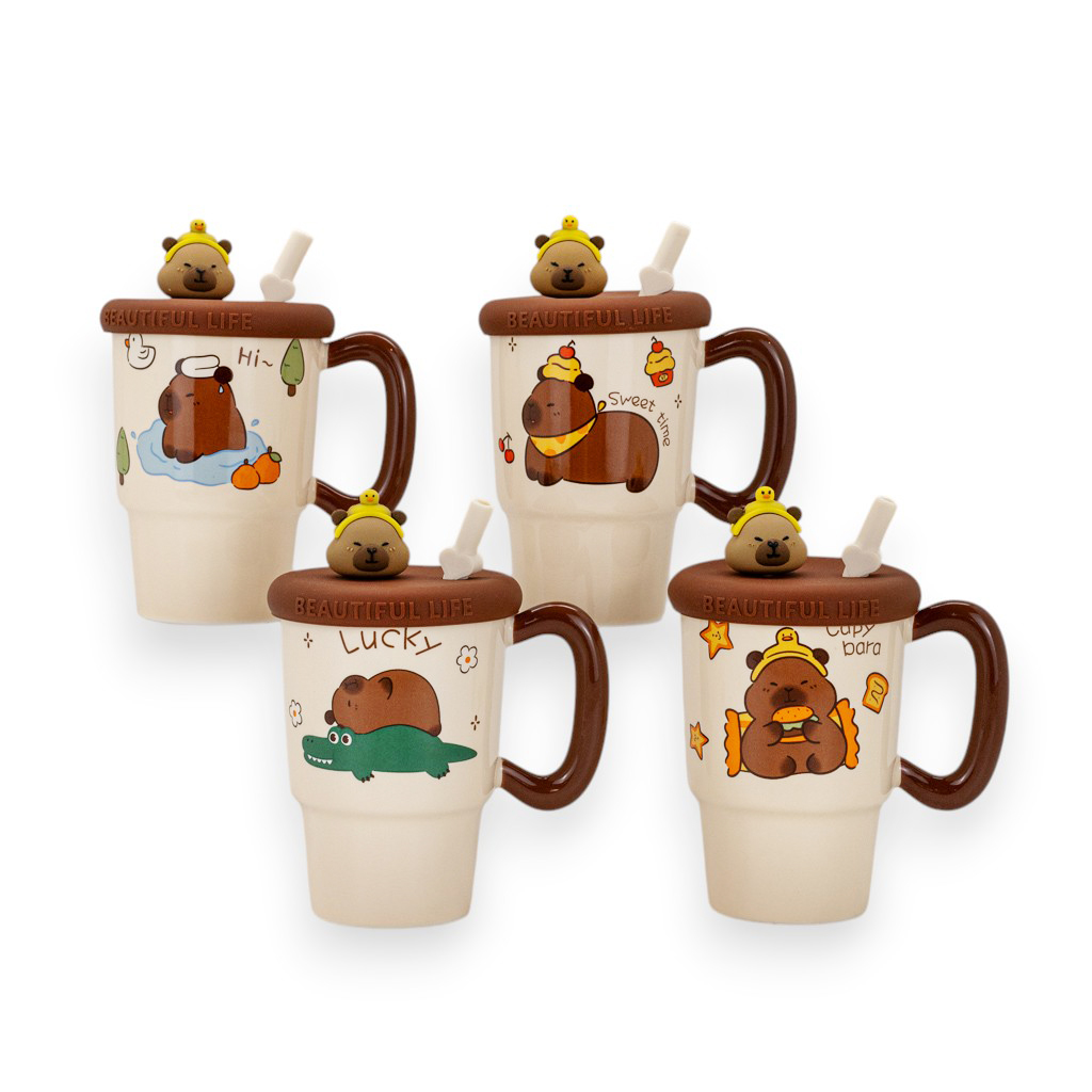 Чашка керамическая с крышкой и трубочкой Капибара 4 вида 370мл | Интернет-магазин Кактус