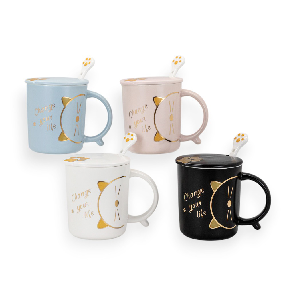 Чашка керамическая с крышкой и ложкой Лапка котика 4 вида 370мл | Интернет-магазин Кактус