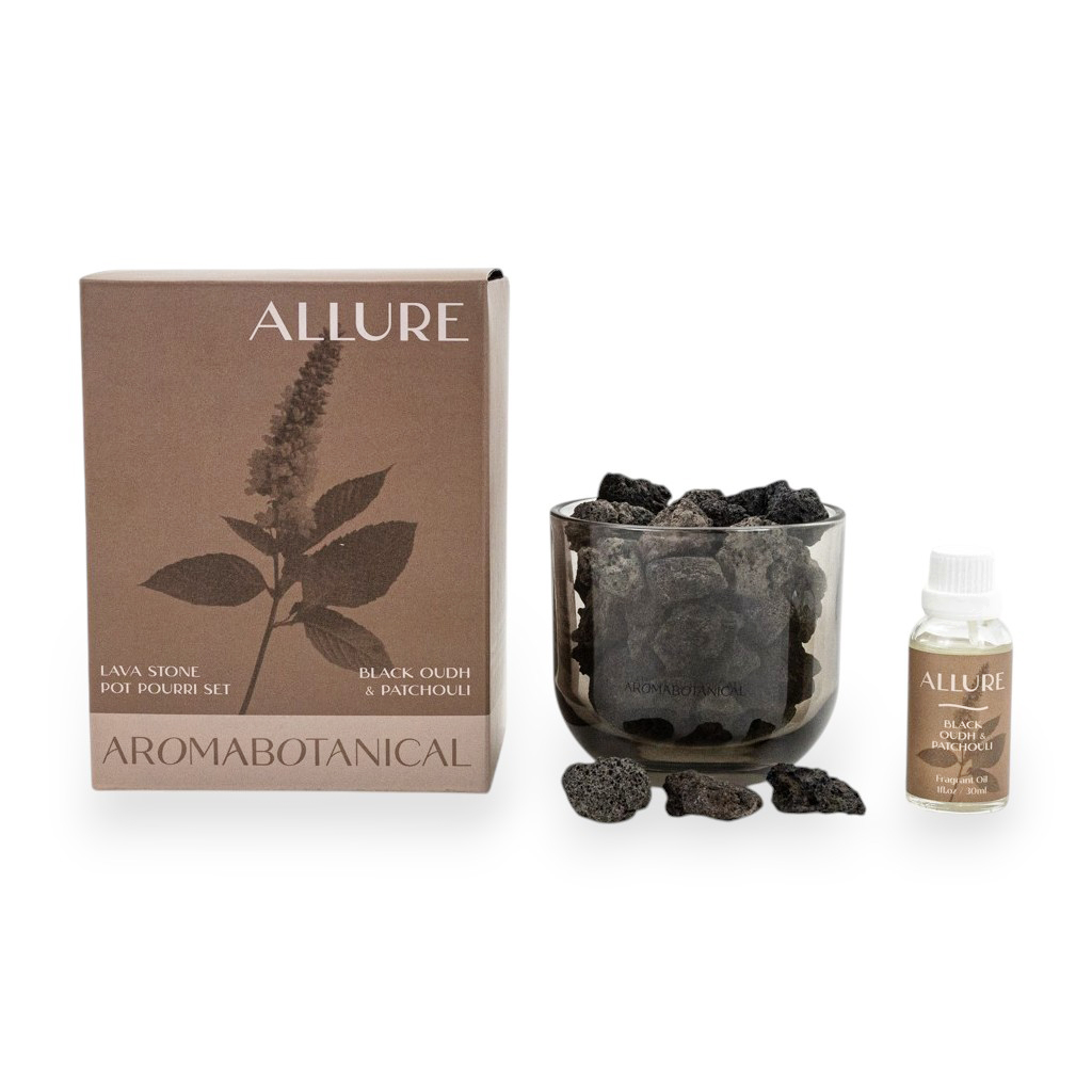 Арома сет с камнями Allure lava stone Черный уд и пачули серый 30мл | Интернет-магазин Кактус