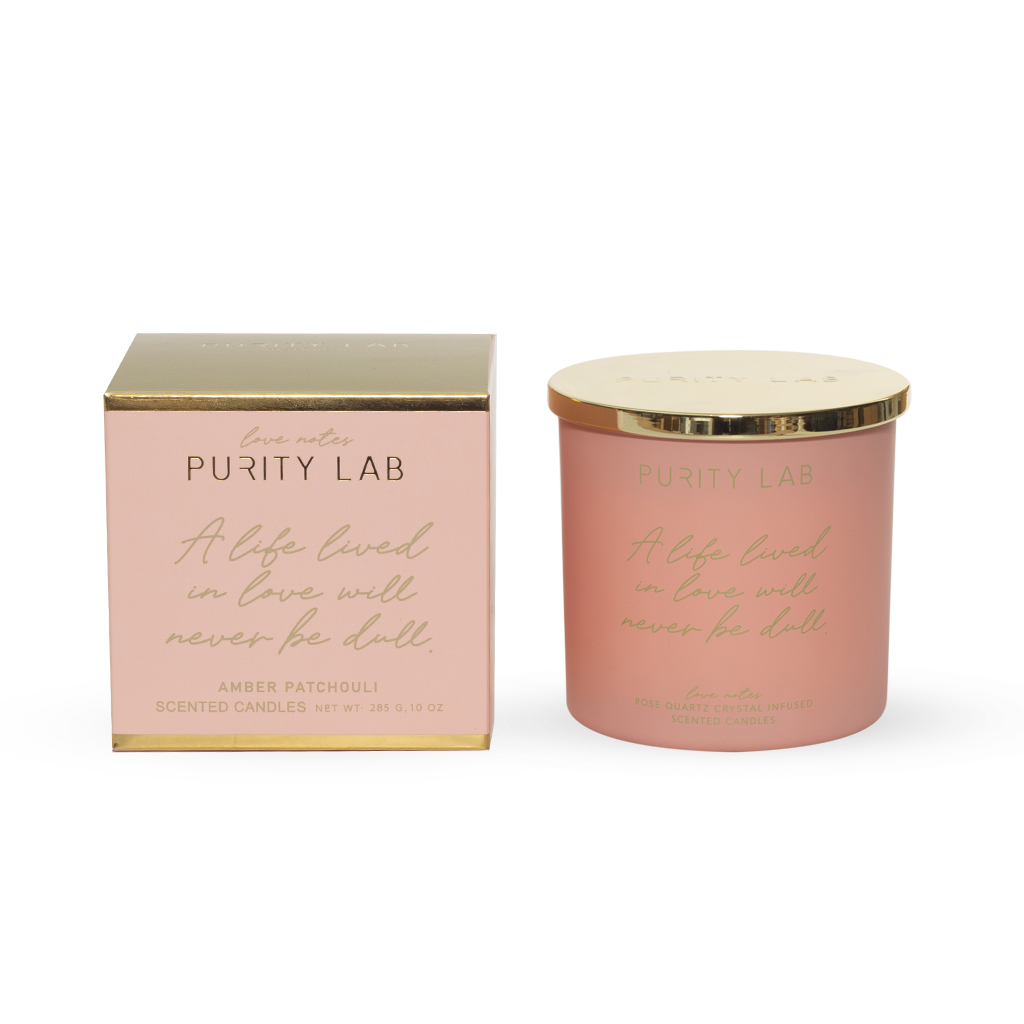 Свеча с кристаллами Розового кварца аромат Amber patchouli в стеклянном подсвечнике 285г | Интернет-магазин Кактус