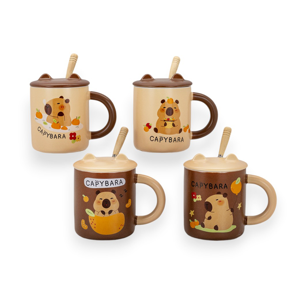 Чашка керамическая с крышкой и ложкой Капибара 4 вида 350мл | Интернет-магазин Кактус