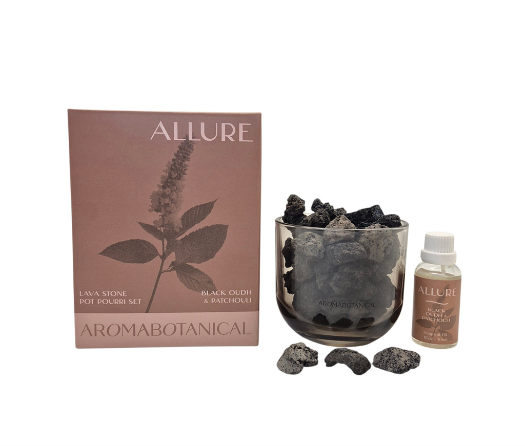 Арома сет с камнями Allure lava stone Черный уд и пачули серый 30мл | Интернет-магазин Кактус