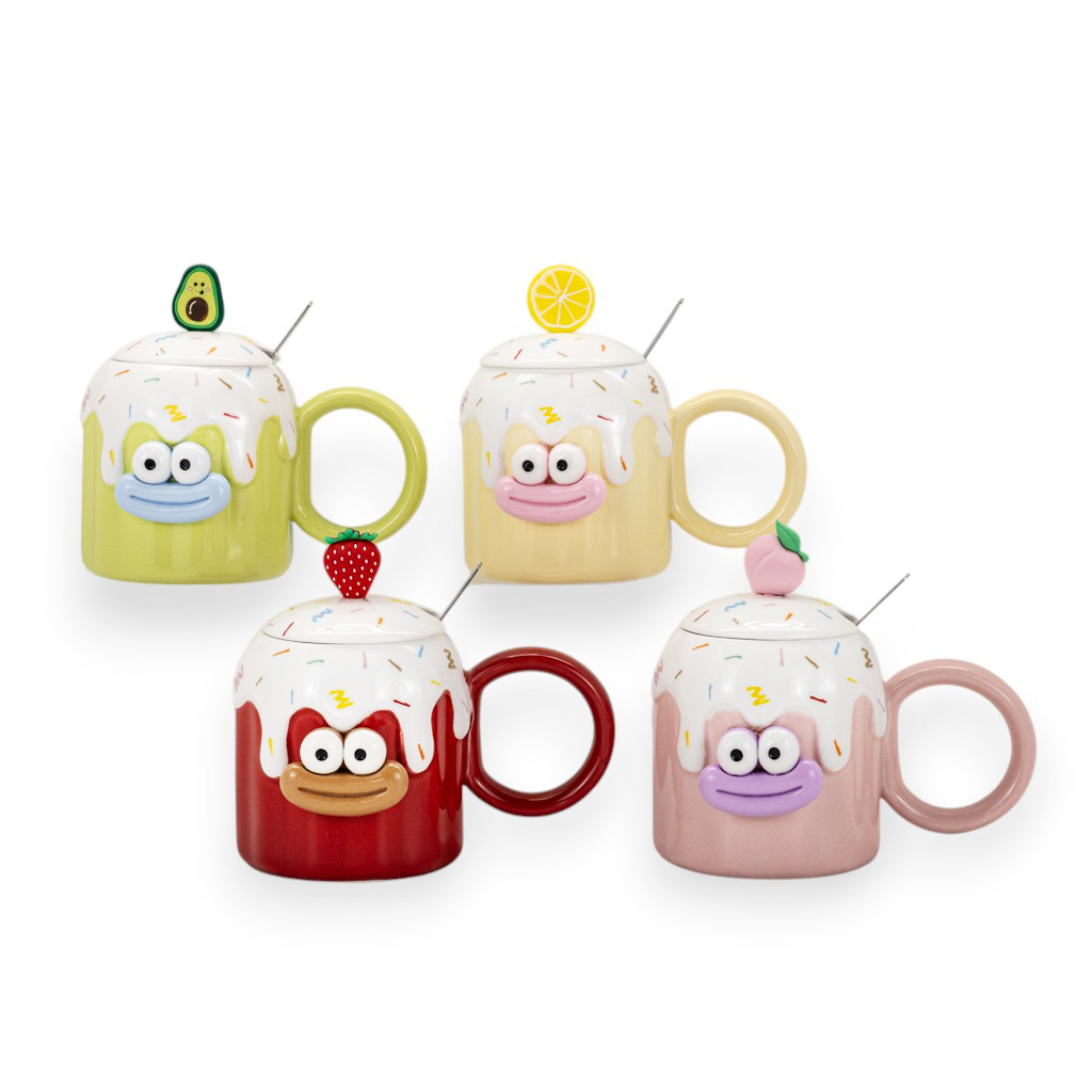 Чашка керамическая с крышкой и ложкой Монстрик 4 вида 400мл | Интернет-магазин Кактус