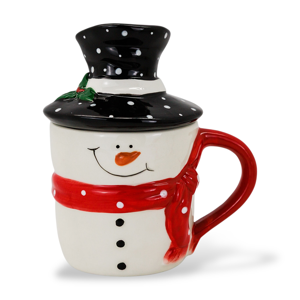 Чашка с крышкой керамика Снеговик белый 450мл | Интернет-магазин Кактус